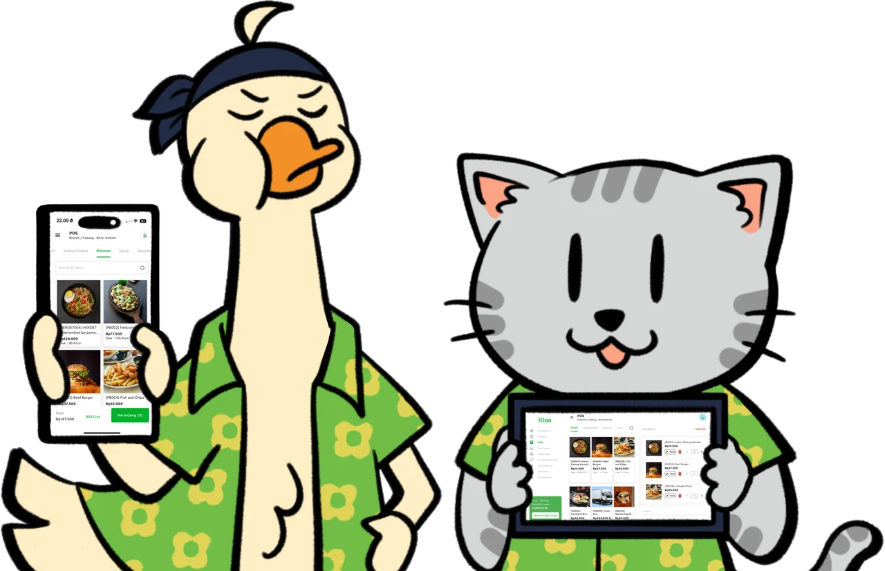 Agus memegang HP dan Miso memegang tablet, keduanya membuka aplikasi kasir Kloa POS
